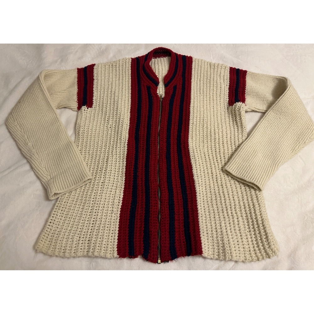 Vtg Handmade Men XL Chunky Knit Full Zip Cardigan Sweater Red White Blue Striped
